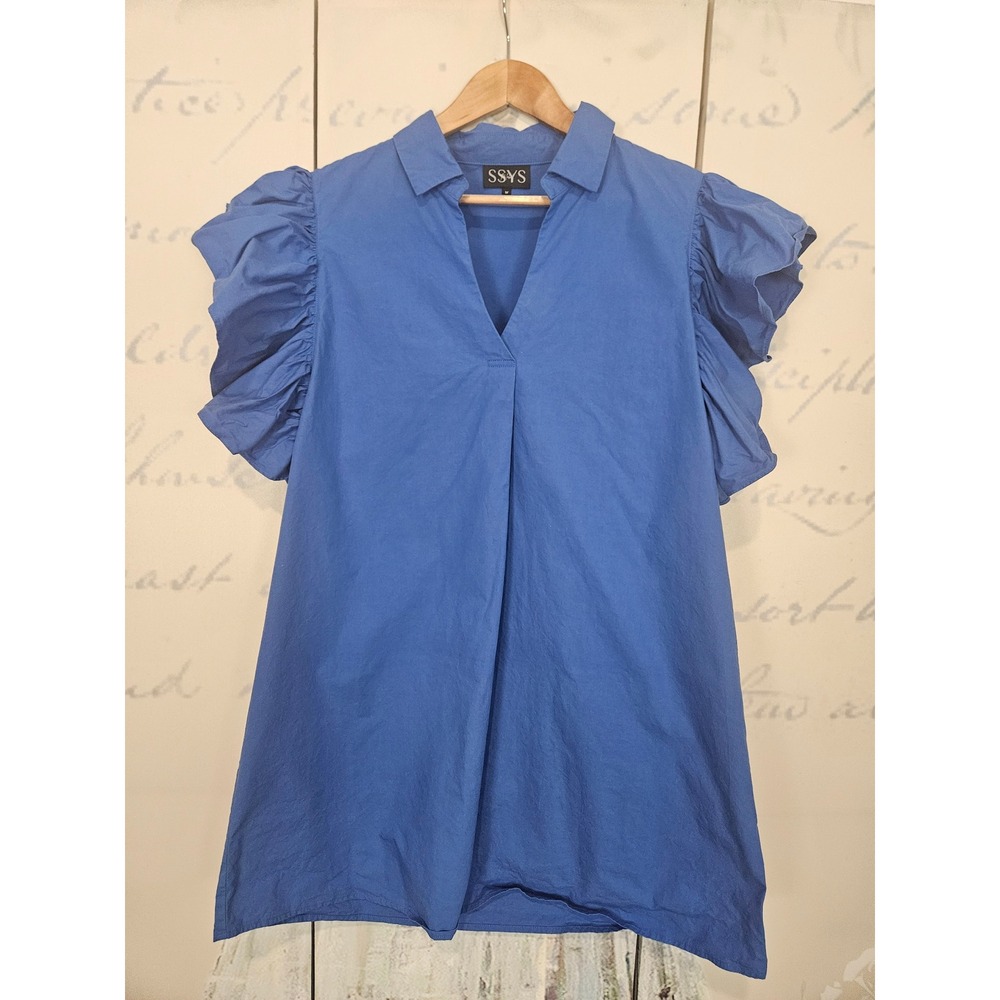 SSYS The Label Blue Cotton Poplin Ruffle Flutter Sleeve V-Neck Collared Dress M